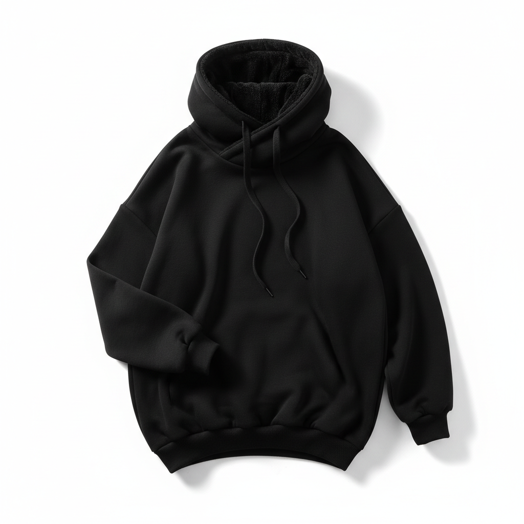 Loose High Collar Fleece Lined Hoodie - Black